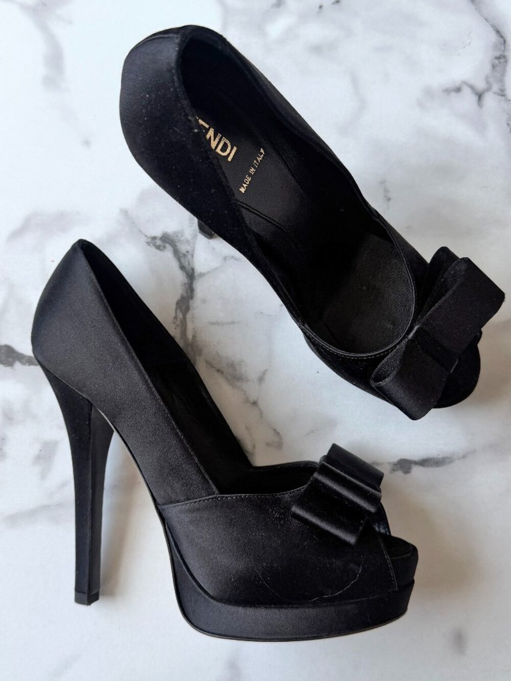 Fendi Black Satin Bow Peep Toe Platform Heels Size 38.5